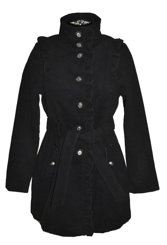 Ladies Black Military Style Coat with Frills